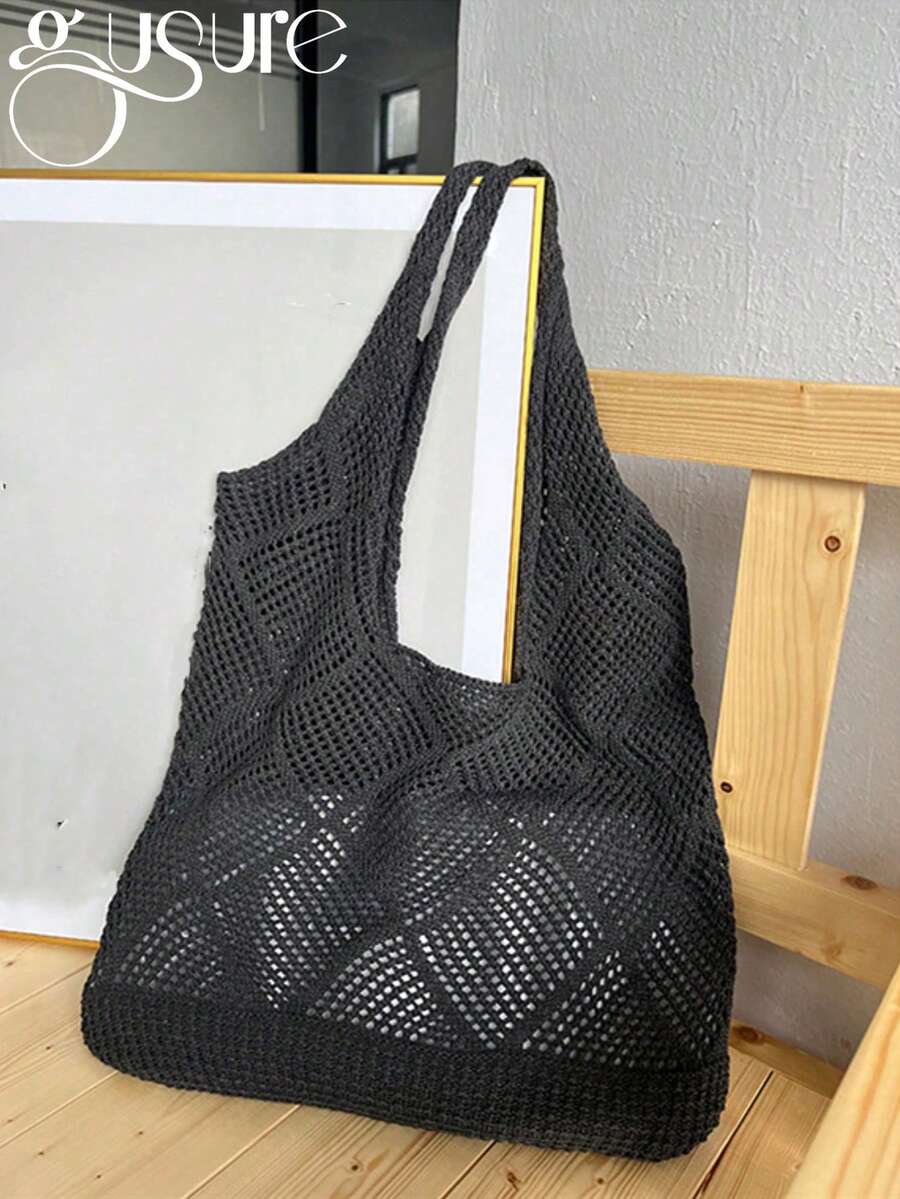 Women Hollow Knitted Shoulder Bag Simple Crochet Handbag Lightweight Casual Hollow Out Pattern Crochet Bag