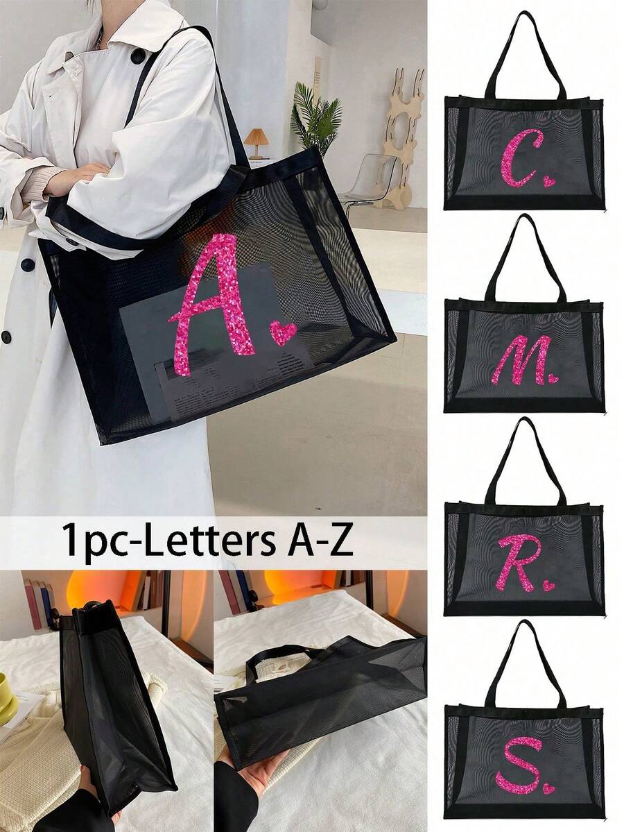 1pc Heart & Letter A-Z Mesh Beach Bag, Heart Letter Mesh Beach Tote Bag, Foldable Swimming Beach Handbag, Mesh Beach Shoulder Bag For Women, Suitable For Beach Vacation Storage And Shopping, Large Cap