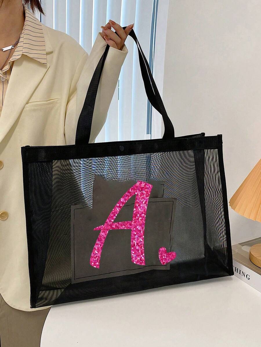 1pc Heart & Letter A-Z Mesh Beach Bag, Heart Letter Mesh Beach Tote Bag, Foldable Swimming Beach Handbag, Mesh Beach Shoulder Bag For Women, Suitable For Beach Vacation Storage And Shopping, Large Cap