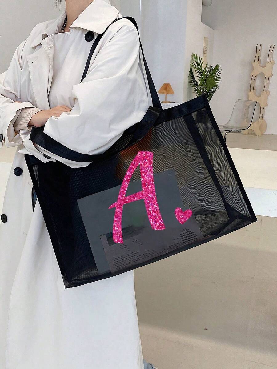1pc Heart & Letter A-Z Mesh Beach Bag, Heart Letter Mesh Beach Tote Bag, Foldable Swimming Beach Handbag, Mesh Beach Shoulder Bag For Women, Suitable For Beach Vacation Storage And Shopping, Large Cap