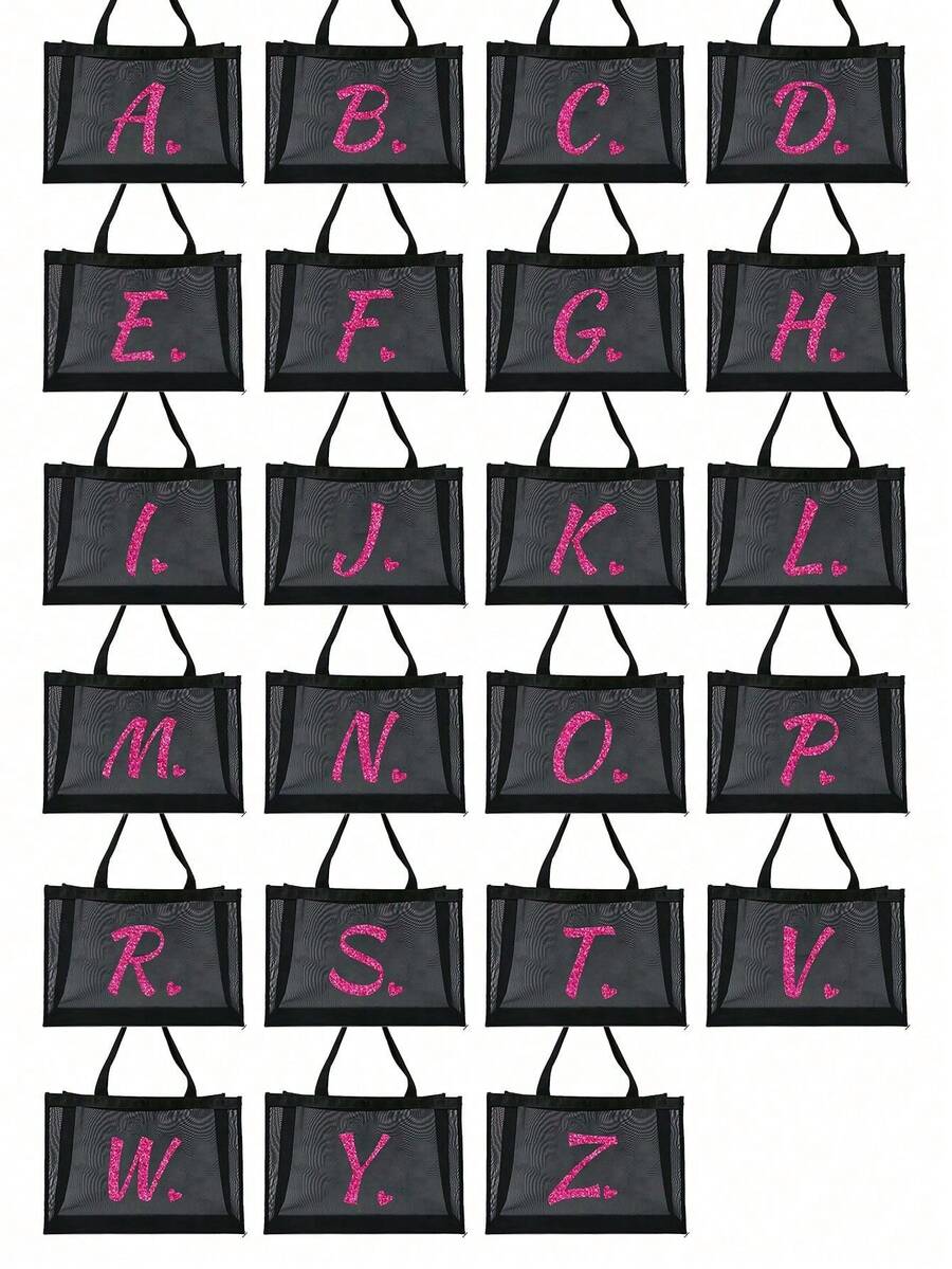 1pc Heart & Letter A-Z Mesh Beach Bag, Heart Letter Mesh Beach Tote Bag, Foldable Swimming Beach Handbag, Mesh Beach Shoulder Bag For Women, Suitable For Beach Vacation Storage And Shopping, Large Cap
