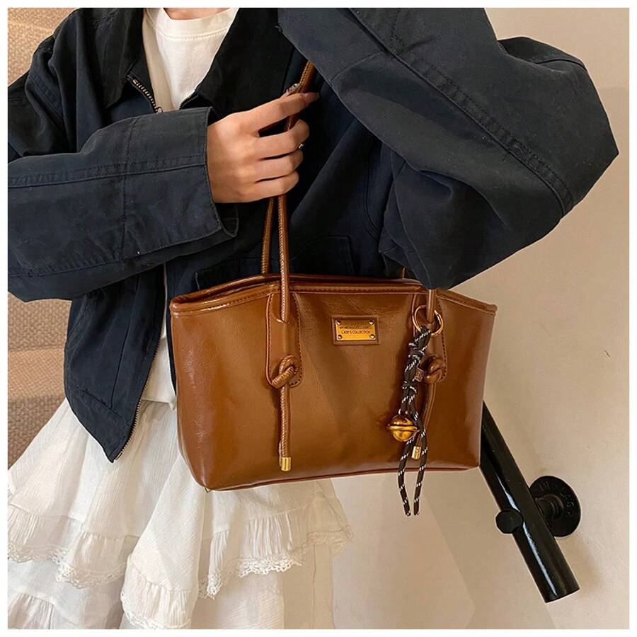 Christmas & New Year Gift Retro Tote Shoulder Bag For Women, Fashion Underarm Handbag With Bell Charm