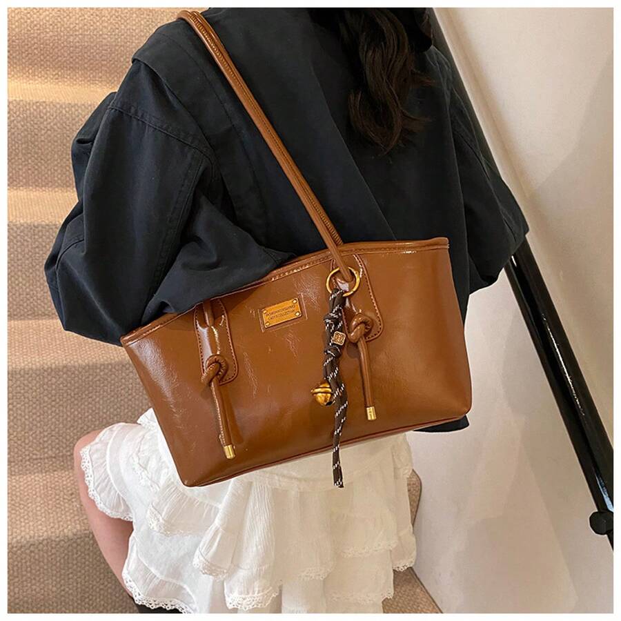 Christmas & New Year Gift Retro Tote Shoulder Bag For Women, Fashion Underarm Handbag With Bell Charm