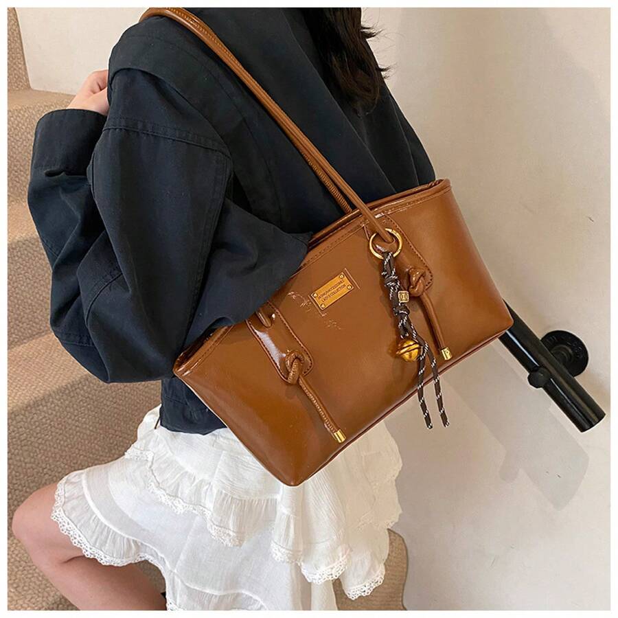 Christmas & New Year Gift Retro Tote Shoulder Bag For Women, Fashion Underarm Handbag With Bell Charm