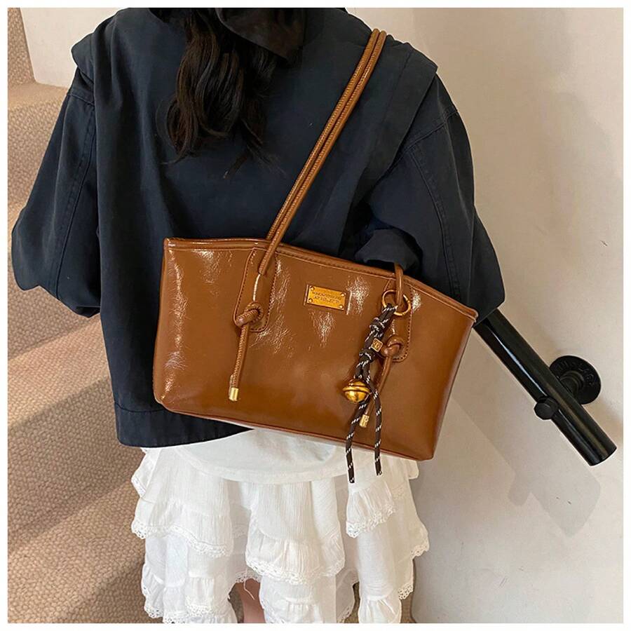 Christmas & New Year Gift Retro Tote Shoulder Bag For Women, Fashion Underarm Handbag With Bell Charm