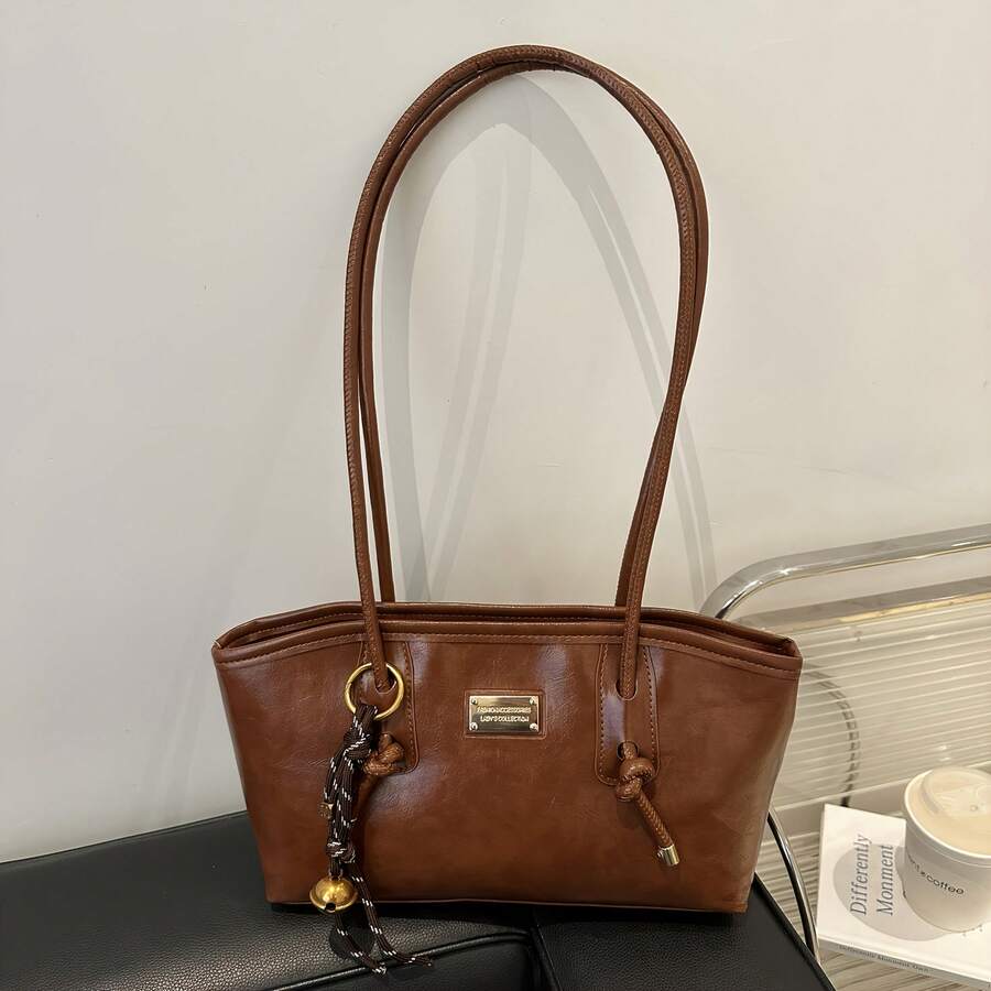 Christmas & New Year Gift Retro Tote Shoulder Bag For Women, Fashion Underarm Handbag With Bell Charm