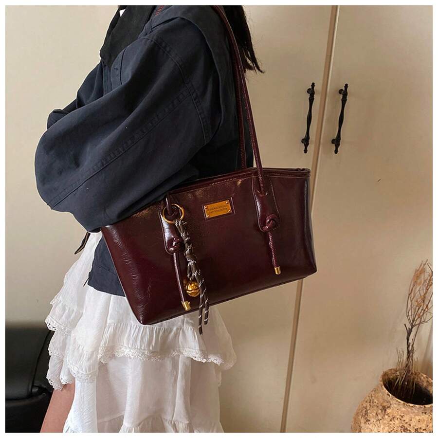 Christmas & New Year Gift Retro Tote Shoulder Bag For Women, Fashion Underarm Handbag With Bell Charm
