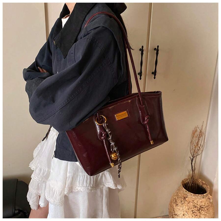 Christmas & New Year Gift Retro Tote Shoulder Bag For Women, Fashion Underarm Handbag With Bell Charm