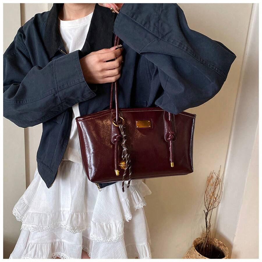 Christmas & New Year Gift Retro Tote Shoulder Bag For Women, Fashion Underarm Handbag With Bell Charm
