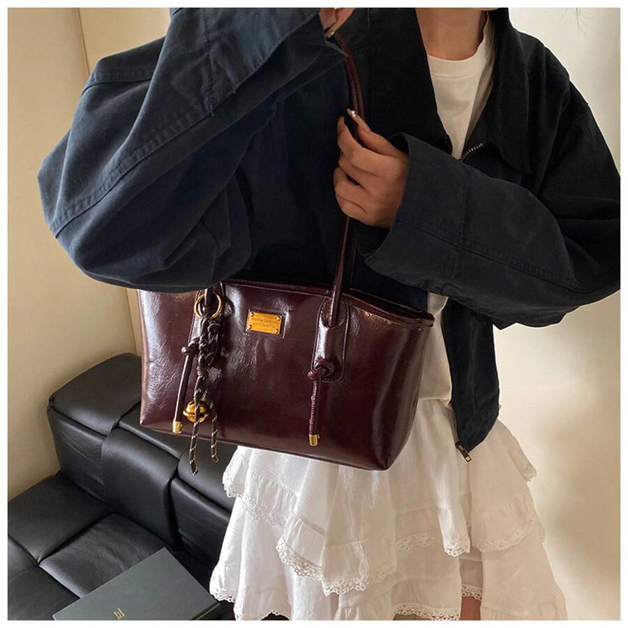 Christmas & New Year Gift Retro Tote Shoulder Bag For Women, Fashion Underarm Handbag With Bell Charm