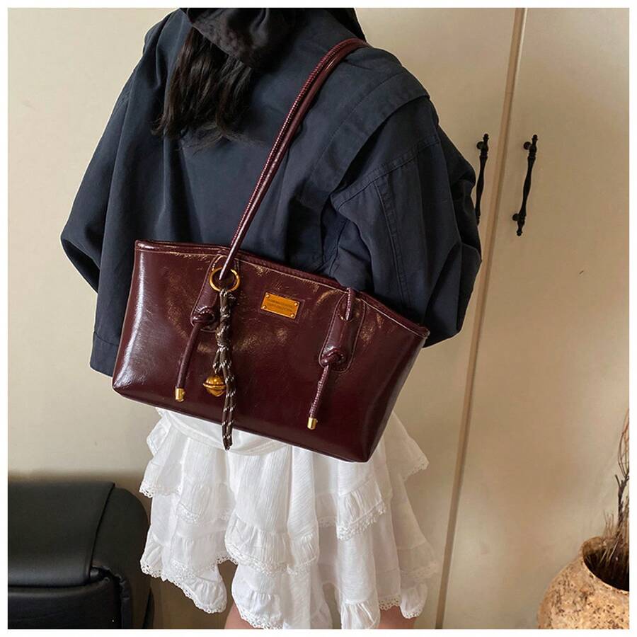 Christmas & New Year Gift Retro Tote Shoulder Bag For Women, Fashion Underarm Handbag With Bell Charm