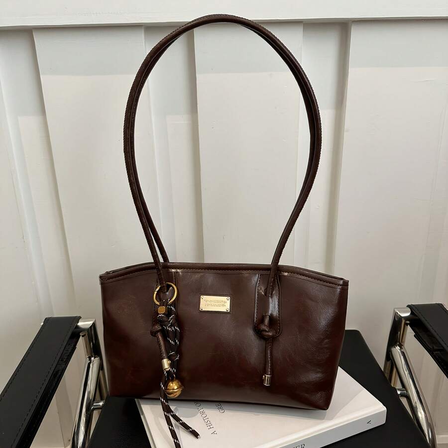 Christmas & New Year Gift Retro Tote Shoulder Bag For Women, Fashion Underarm Handbag With Bell Charm