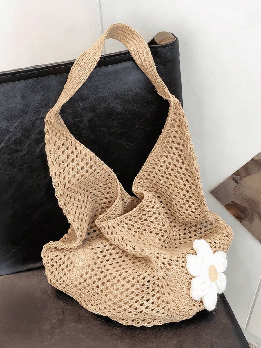 Hollow Woven Straw Bag, Bohemian Style Beach Tote Bag, Hollow Tote Bag, Large Capacity Shopping Beach Bag, Fashion Hollow Woven Straw Bag