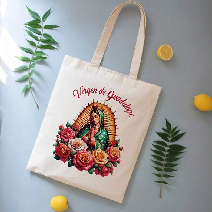 Virgin De Guadalupe Tote Bag- Spanish Religious Design With Virgin Mary & Roses