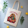 Virgin De Guadalupe Tote Bag- Spanish Religious Design With Virgin Mary & Roses