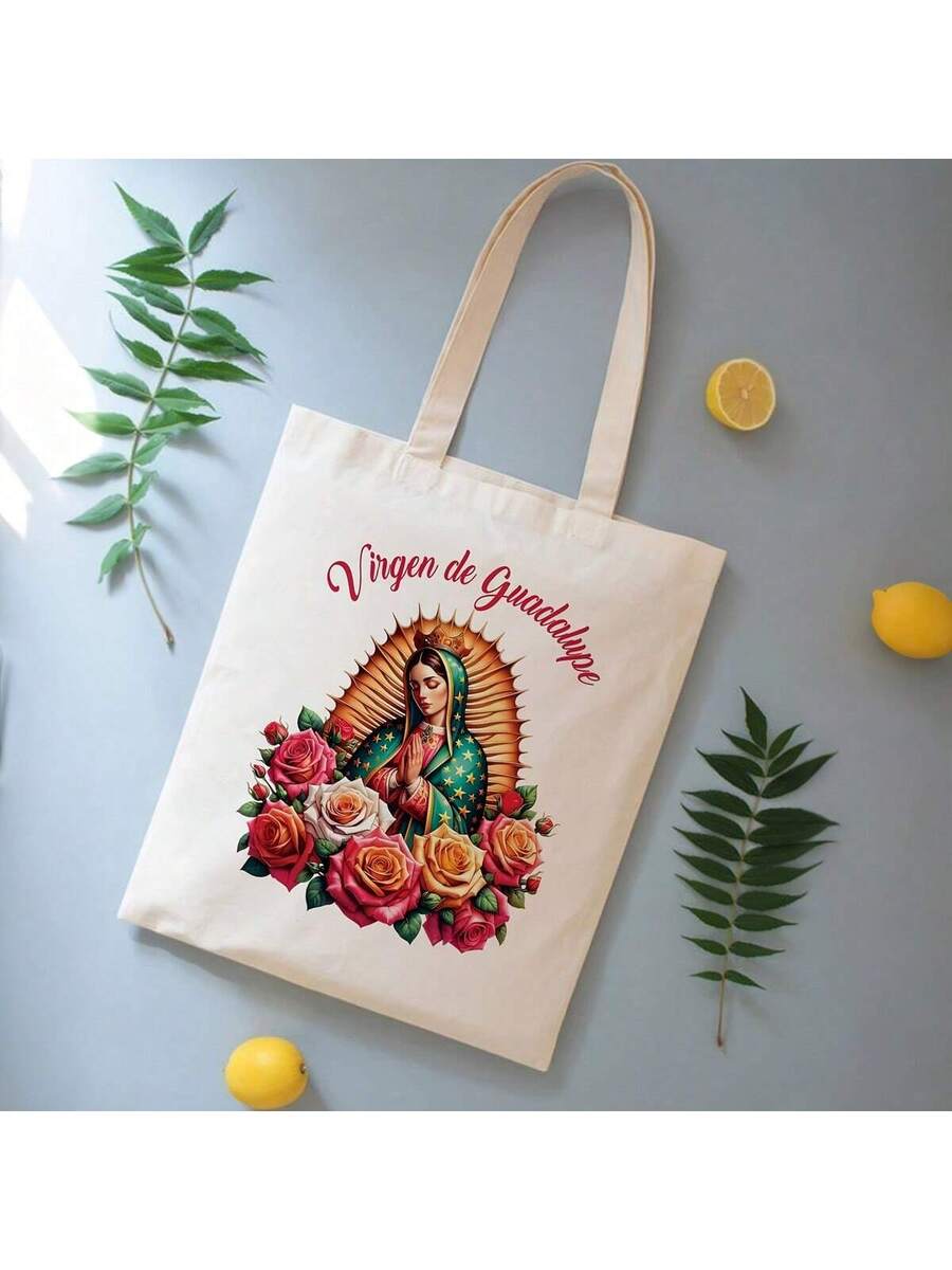 Virgin De Guadalupe Tote Bag- Spanish Religious Design With Virgin Mary & Roses, Extra Large Catholic Tote (13.78x15.74in)- Beige With Virgin De Guadalupe- Durable Reusable Shopping Bag For Women
