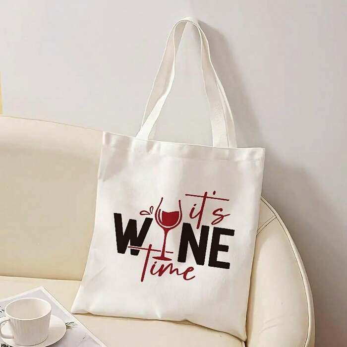 Women's "Wine Time" Printed Tote Bag- Machine Washable Portable Shopping, Travel