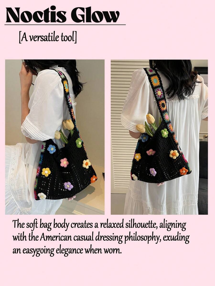 Retro Hand-Crocheted Crossbody Bag Bohemian Hollow-Out Floral Contrast Color Tote Bag Large Capacity Beach Bag Functional Boho Bag For Shopping Travel