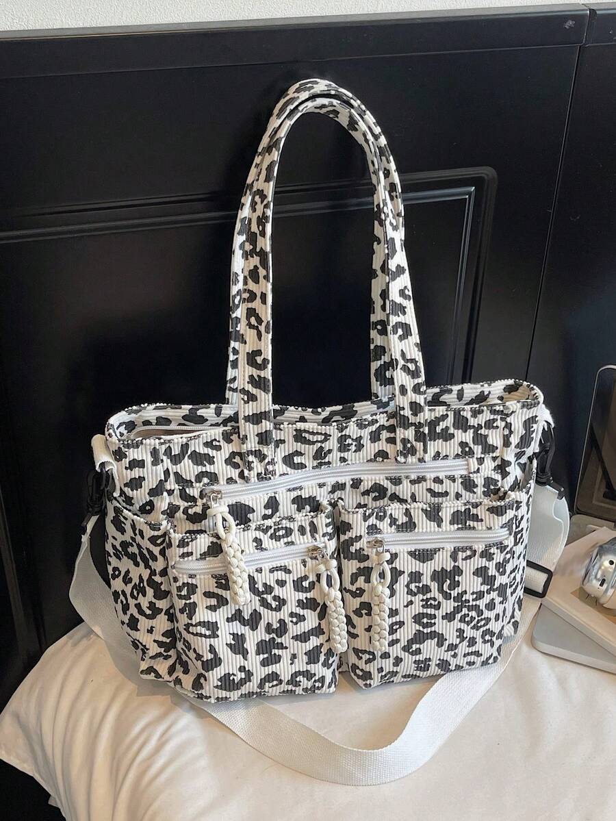 1pc Leopard Print Corduroy Tote Bag For Women, Fashion, Large Capacity, Multi-Pocket, Detachable Adjustable Shoulder Strap, Suitable For Casual, Shopping, Travel, Business, Campus, Party, Gift