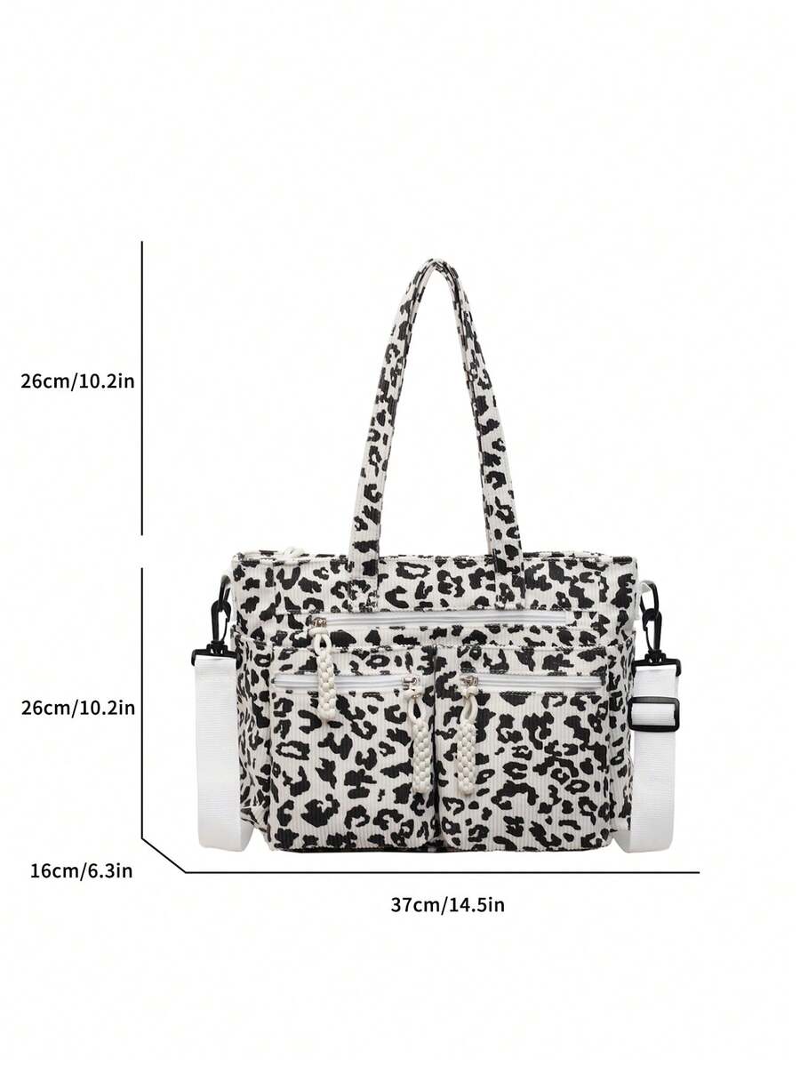 1pc Leopard Print Corduroy Tote Bag For Women, Fashion, Large Capacity, Multi-Pocket, Detachable Adjustable Shoulder Strap, Suitable For Casual, Shopping, Travel, Business, Campus, Party, Gift