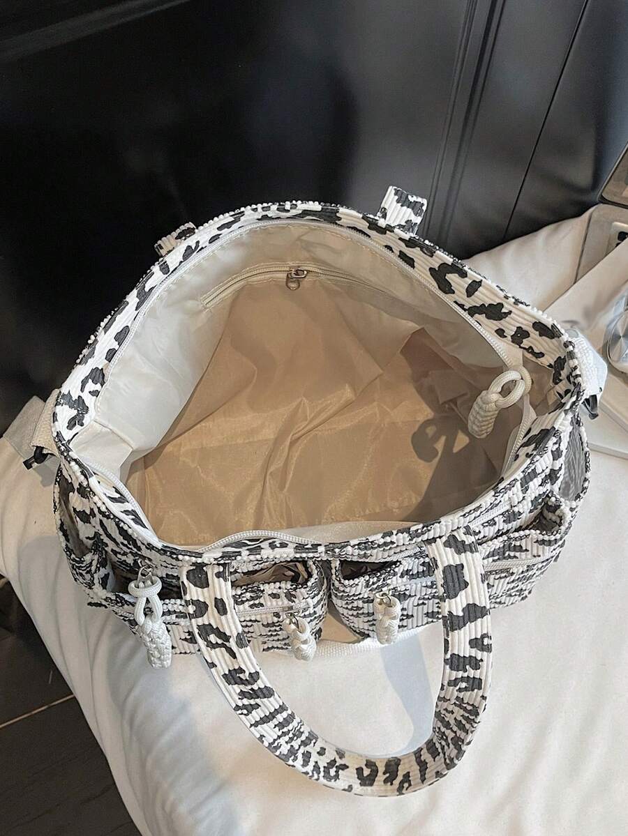 1pc Leopard Print Corduroy Tote Bag For Women, Fashion, Large Capacity, Multi-Pocket, Detachable Adjustable Shoulder Strap, Suitable For Casual, Shopping, Travel, Business, Campus, Party, Gift