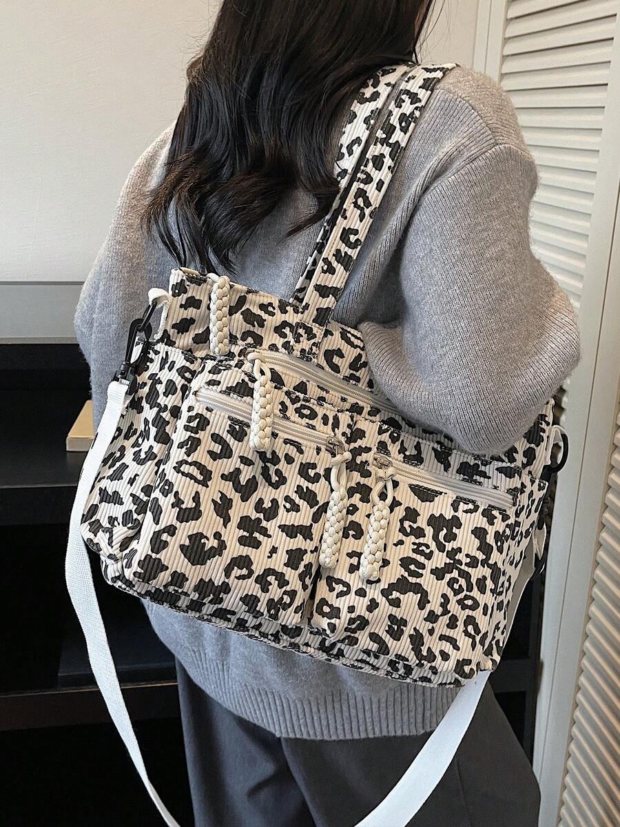 1pc Leopard Print Corduroy Tote Bag For Women, Fashion, Large Capacity, Multi-Pocket, Detachable Adjustable Shoulder Strap, Suitable For Casual, Shopping, Travel, Business, Campus, Party, Gift