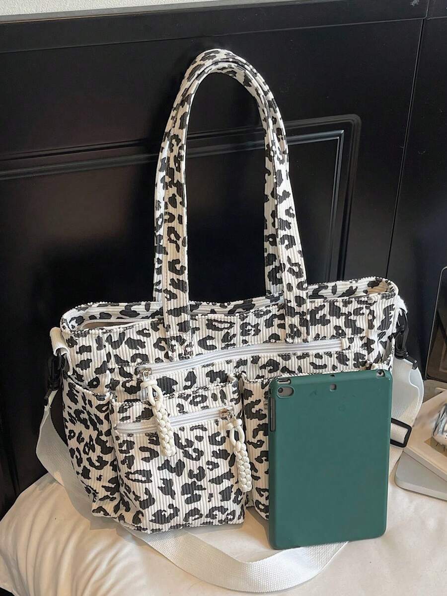 1pc Leopard Print Corduroy Tote Bag For Women, Fashion, Large Capacity, Multi-Pocket, Detachable Adjustable Shoulder Strap, Suitable For Casual, Shopping, Travel, Business, Campus, Party, Gift