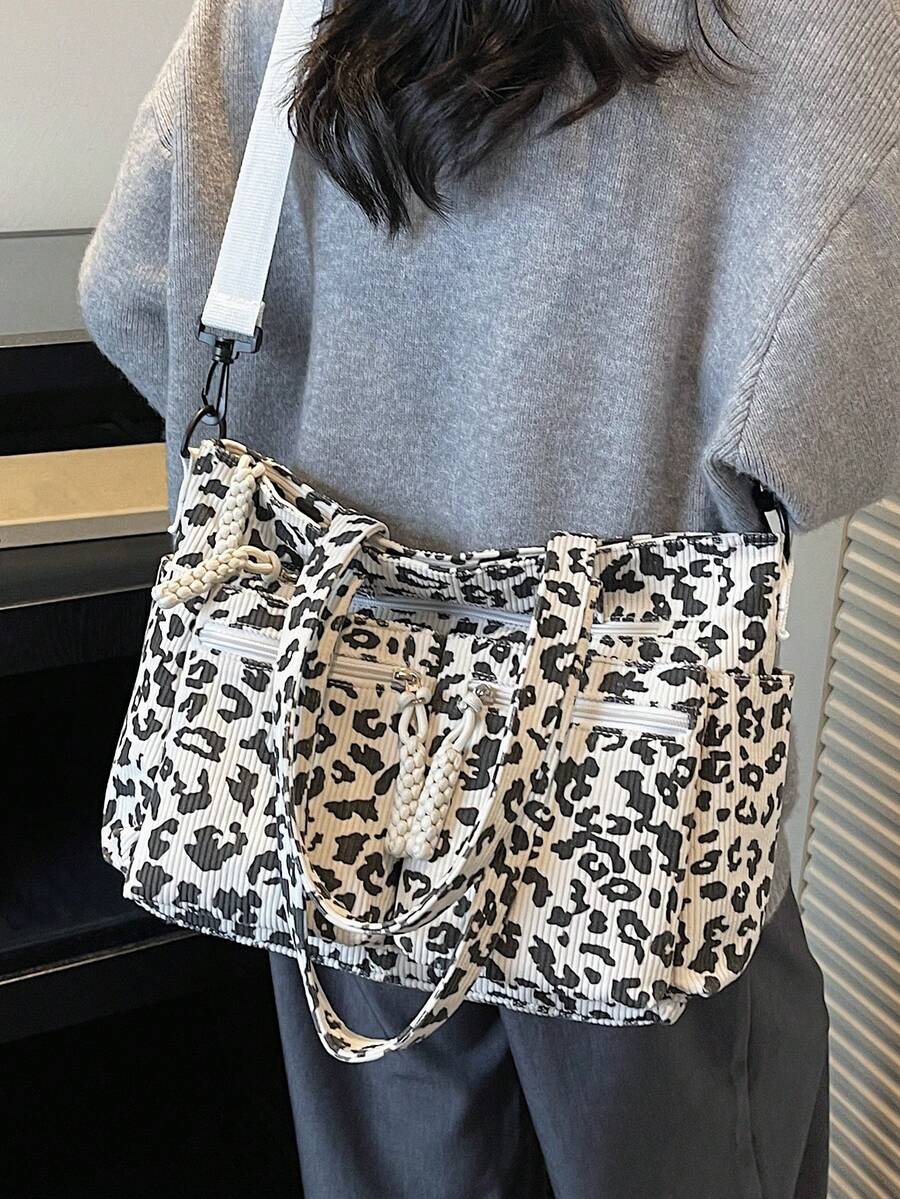 1pc Leopard Print Corduroy Tote Bag For Women, Fashion, Large Capacity, Multi-Pocket, Detachable Adjustable Shoulder Strap, Suitable For Casual, Shopping, Travel, Business, Campus, Party, Gift