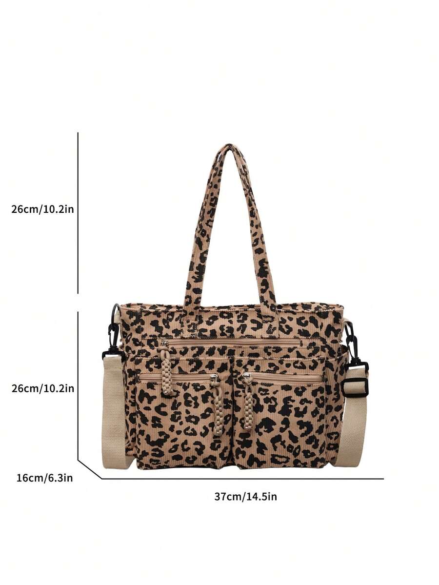 1pc Women's Fashionable Tote Bag With Full Body Leopard Print, Made Of Corduroy Material, Large Capacity With Multiple Pockets For Storage, Detachable And Adjustable Shoulder Strap, Suitable For Casua