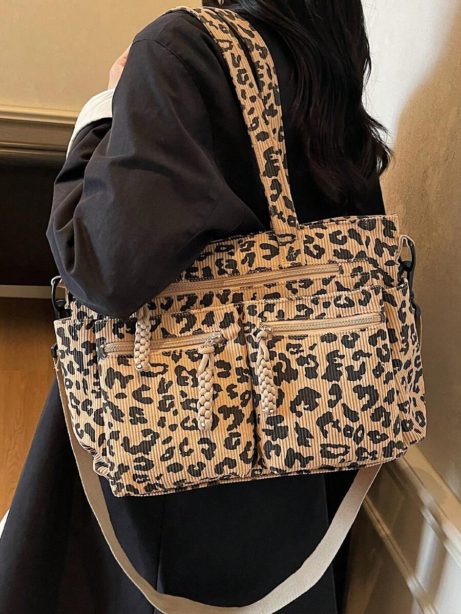 1pc Leopard Print Corduroy Tote Bag For Women, Fashion, Large Capacity, Multi-Pocket, Detachable Adjustable Shoulder Strap, Suitable For Casual, Shopping, Travel, Business, Campus, Party, Gift