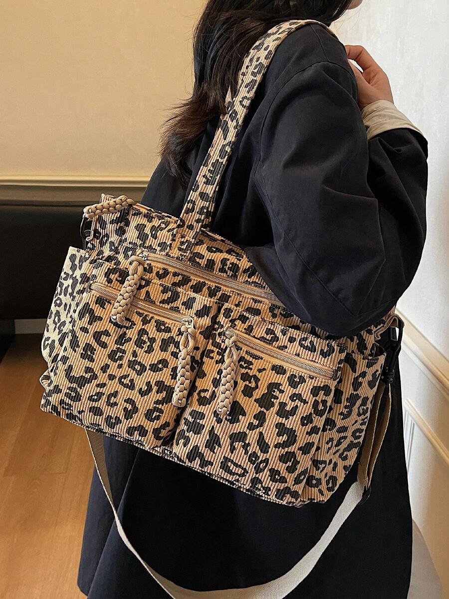 1pc Leopard Print Corduroy Tote Bag For Women, Fashion, Large Capacity, Multi-Pocket, Detachable Adjustable Shoulder Strap, Suitable For Casual, Shopping, Travel, Business, Campus, Party, Gift