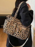 1pc Women's Fashionable Tote Bag With Full Body Leopard Print, Made Of Corduroy Material, Large Capacity With Multiple Pockets For Storage, Detachable And Adjustable Shoulder Strap, Suitable For Casua