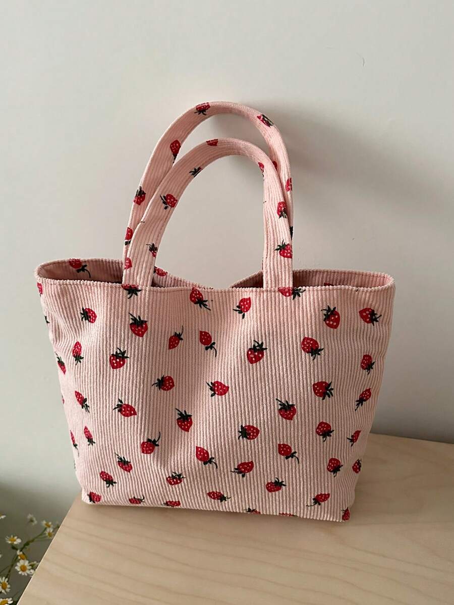 Strawberry Print Tote Bag Cute Style Fashion Large Capacity Versatile Shoulder Women's Bag Ribbed
