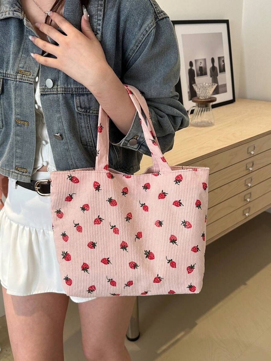 Strawberry Print Tote Bag Cute Style Fashion Large Capacity Versatile Shoulder Women's Bag Ribbed