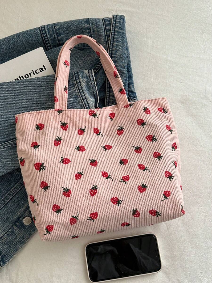 Strawberry Print Tote Bag Cute Style Fashion Large Capacity Versatile Shoulder Women's Bag Ribbed
