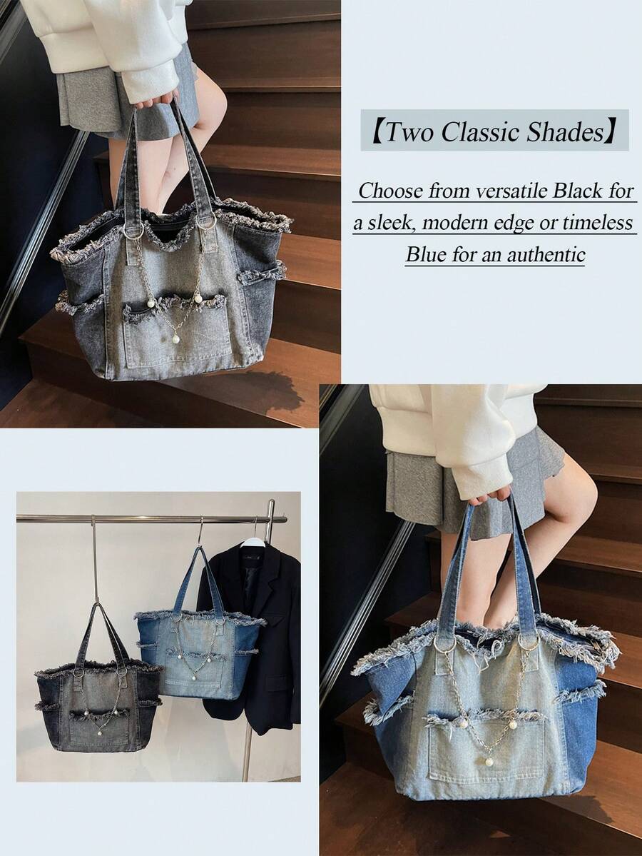 Women's Large Capacity Denim Tote Bag Retro Stylish Shoulder Bag Casual Handbag Perfect For Daily Commute Trip Shopping Work Back To School Outfits
