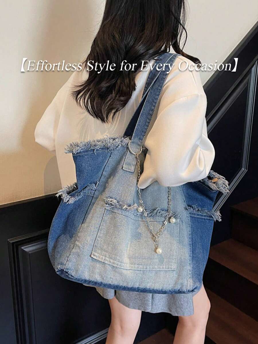 Women's Large Capacity Denim Tote Bag Retro Stylish Shoulder Bag Casual Handbag Perfect For Daily Commute Trip Shopping Work Back To School Outfits