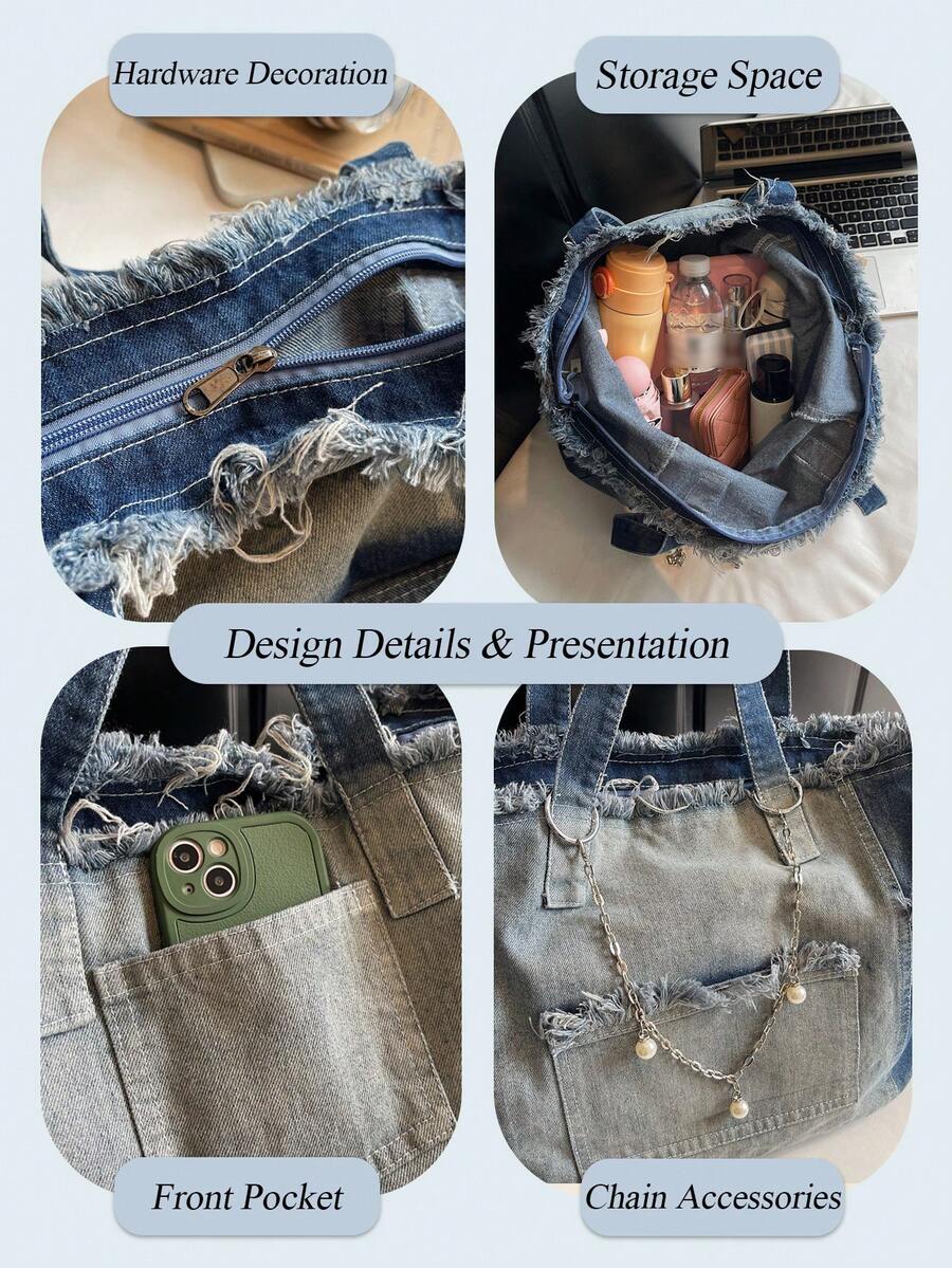 Women's Large Capacity Denim Tote Bag Retro Stylish Shoulder Bag Casual Handbag Perfect For Daily Commute Trip Shopping Work Back To School Outfits