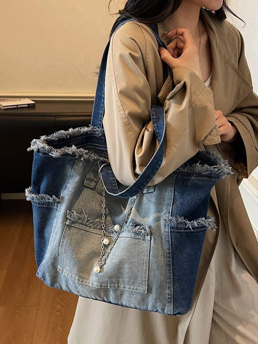 Women's Large Capacity Denim Tote Bag Retro Stylish Shoulder Bag Casual Handbag Perfect For Daily Commute Trip Shopping Work Back To School Outfits