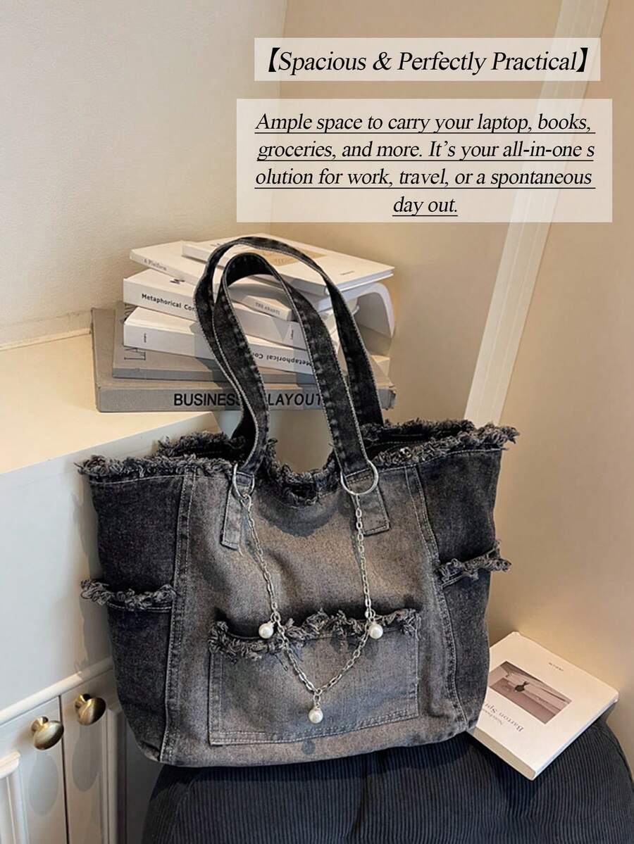Women's Large Capacity Denim Tote Bag Retro Stylish Shoulder Bag Casual Handbag Perfect For Daily Commute Trip Shopping Work Back To School Outfits