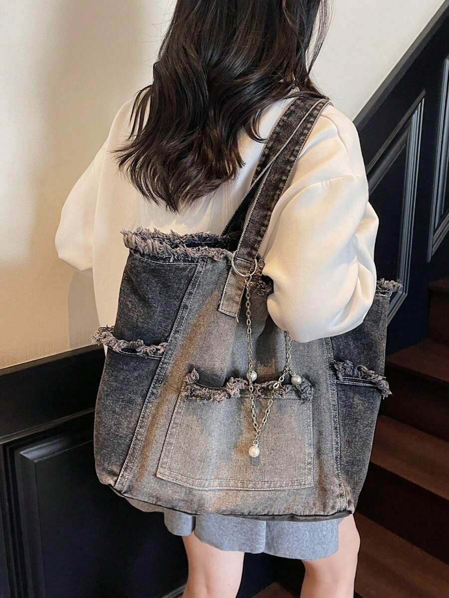 Women's Large Capacity Denim Tote Bag Retro Stylish Shoulder Bag Casual Handbag Perfect For Daily Commute Trip Shopping Work Back To School Outfits