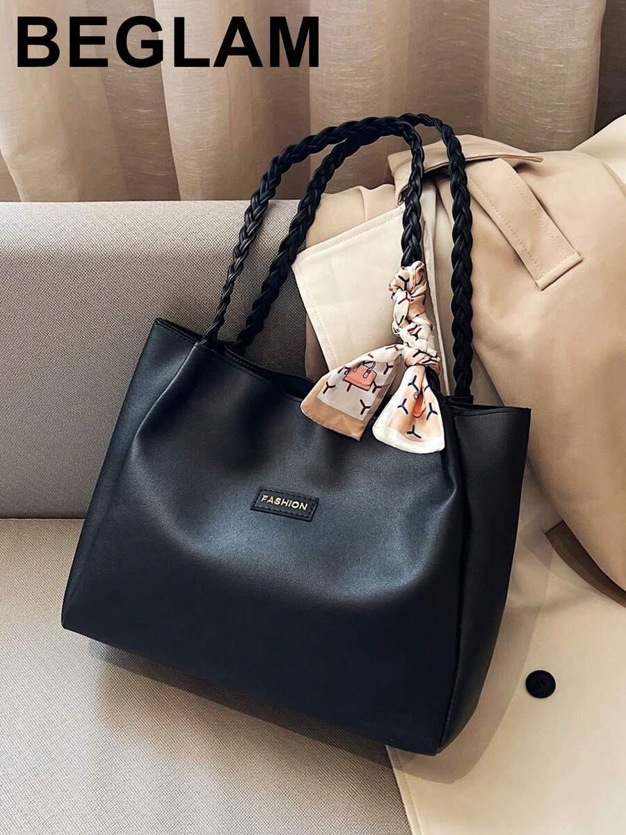 Fashionable Retro Crocodile Grain Scarf Decor Shoulder Tote Bag, Suitable For Women's Work Commute, Travel, Shopping