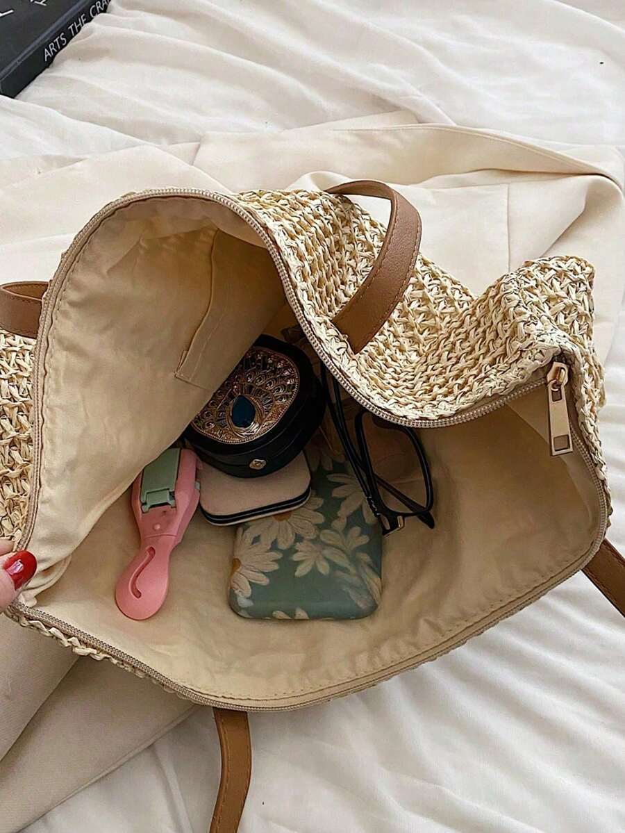 Livesso Summer Straw Beach Tote Bag, Large Capacity Handbag, Casual Multiple Pockets Women's Bag, Suitable With Dress For Shopping, Travel, Storage, Rattan Bag, Eye-Catching Beach Bag Summer, Summer S
