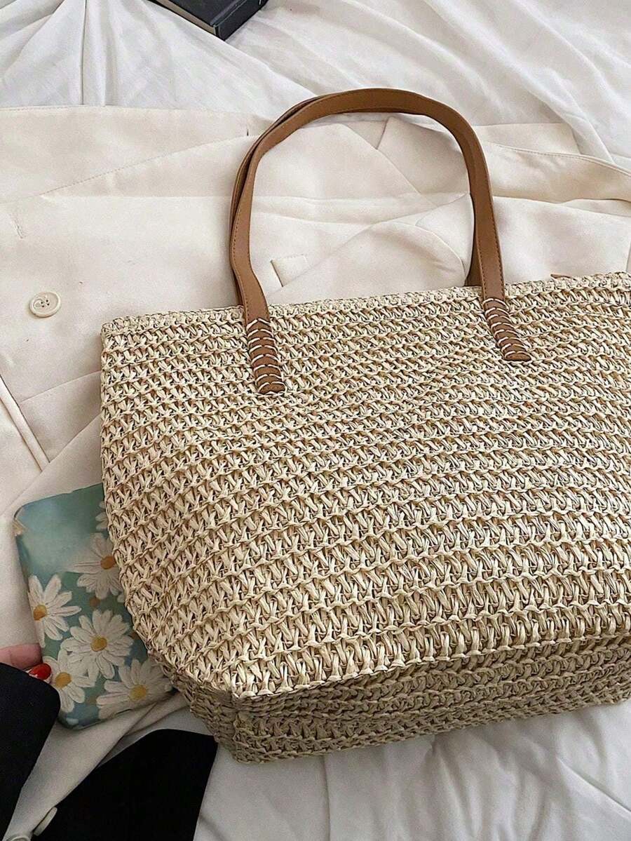 Livesso Summer Straw Beach Tote Bag, Large Capacity Handbag, Casual Multiple Pockets Women's Bag, Suitable With Dress For Shopping, Travel, Storage, Rattan Bag, Eye-Catching Beach Bag Summer, Summer S