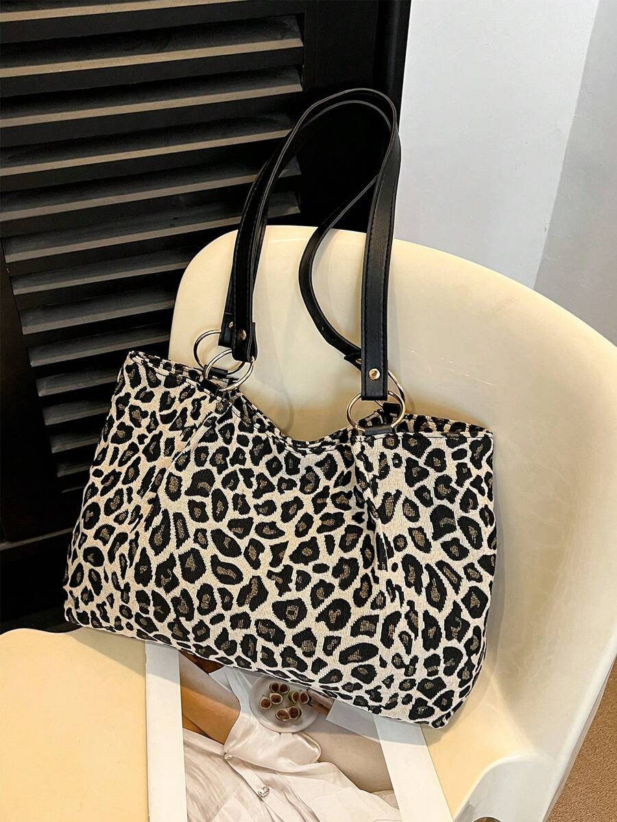 New Leopard Print Large Capacity Tote Bag- Versatile Shoulder & Underarm Carry Bag For Women, Spacious Animal Print Work Tote With Top Handle, Perfect College Campus Essential For Students, Fall Wint