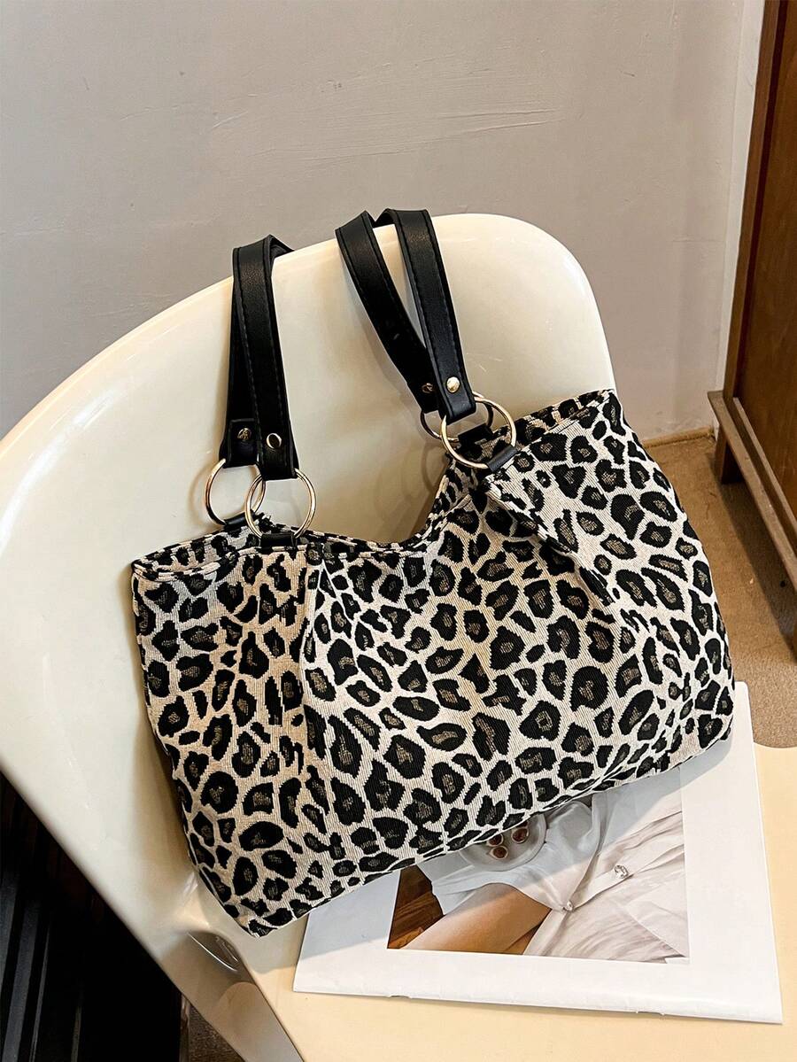 New Leopard Print Large Capacity Tote Bag- Versatile Shoulder & Underarm Carry Bag For Women, Spacious Animal Print Work Tote With Top Handle, Perfect College Campus Essential For Students, Fall Wint