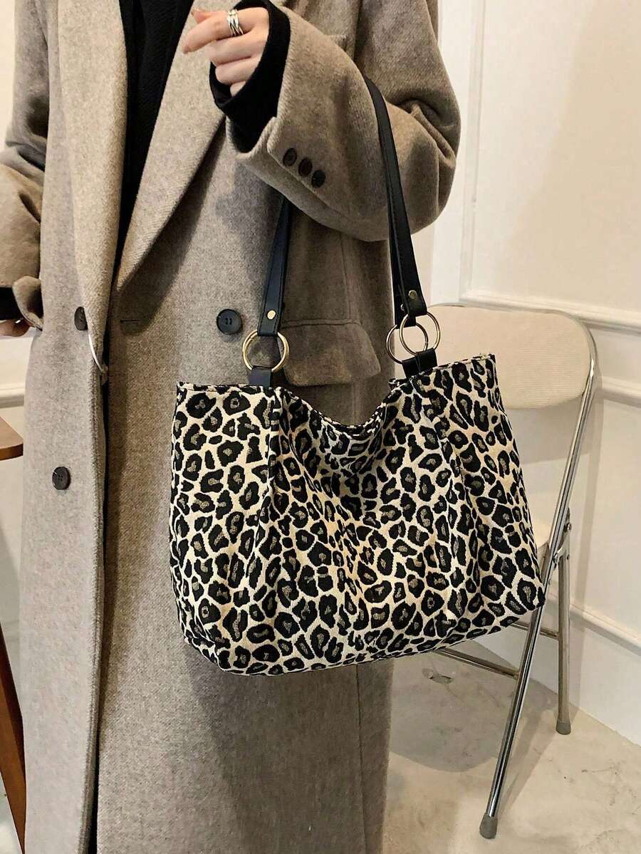 New Leopard Print Large Capacity Tote Bag- Versatile Shoulder & Underarm Carry Bag For Women, Spacious Animal Print Work Tote With Top Handle, Perfect College Campus Essential For Students, Fall Wint