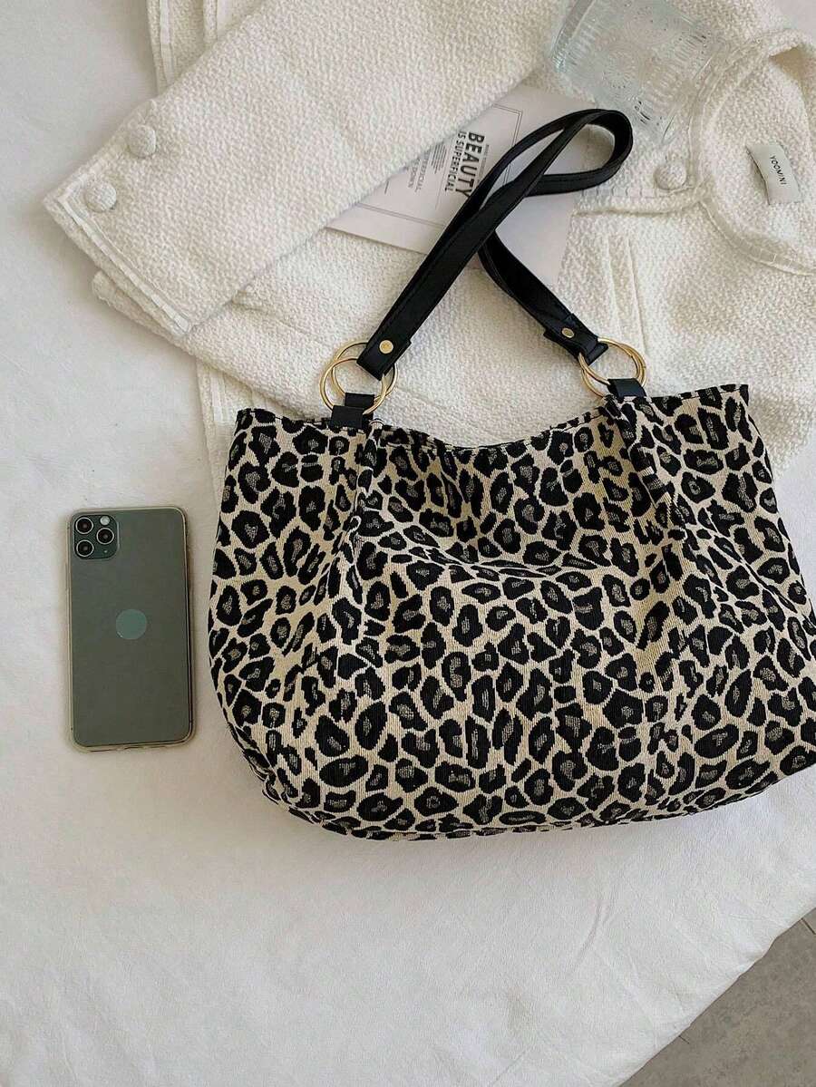 New Leopard Print Large Capacity Tote Bag- Versatile Shoulder & Underarm Carry Bag For Women, Spacious Animal Print Work Tote With Top Handle, Perfect College Campus Essential For Students, Fall Wint