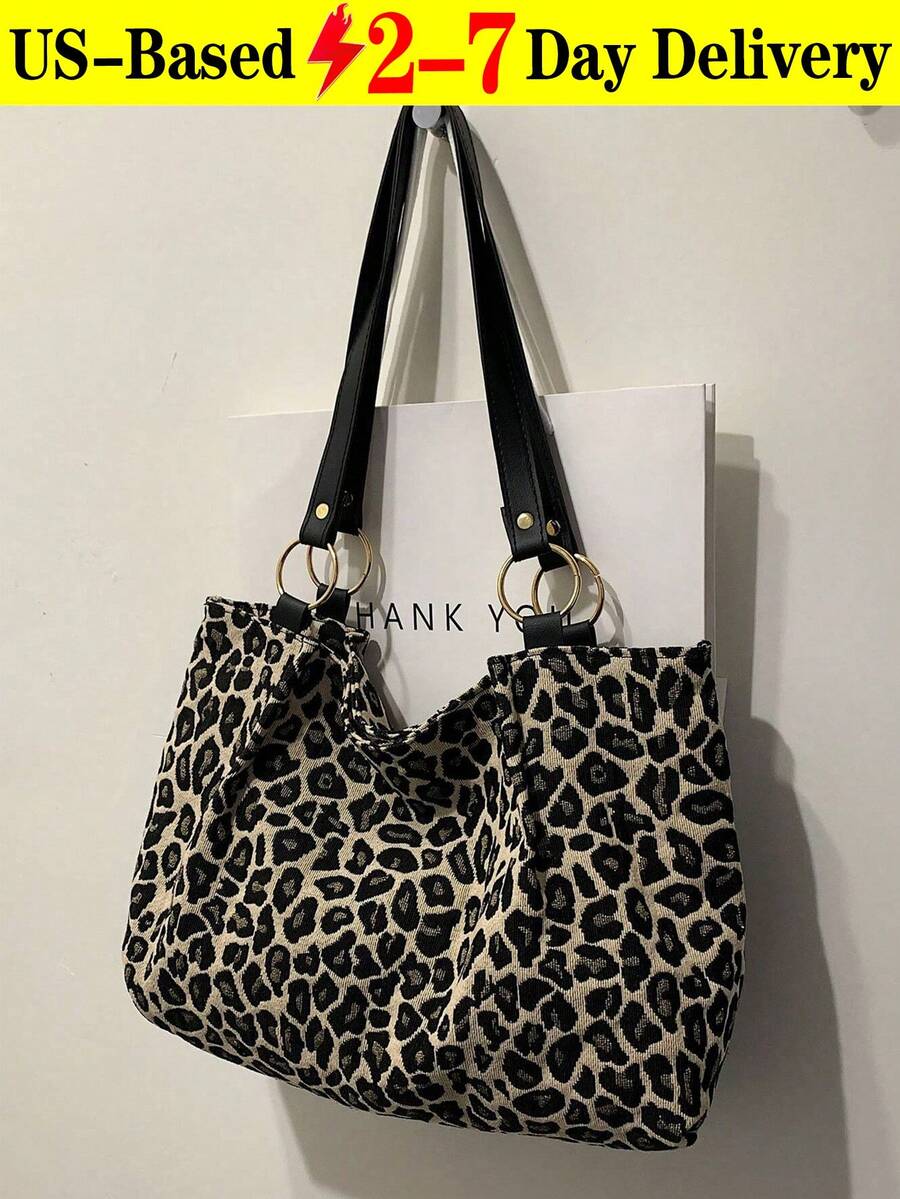 New Leopard Print Large Capacity Tote Bag- Versatile Shoulder & Underarm Carry Bag For Women, Spacious Animal Print Work Tote With Top Handle, Perfect College Campus Essential For Students, Fall Wint