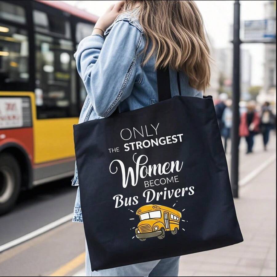 1pc Women Becoming Bus Drivers Motivational Canvas Tote Bag- Retro Vintage School Bus Graphic Print, Lightweight Reusable Foldable Shoulder Bag For Daily Commuting, Stylish Casual Gift For Women, Bus